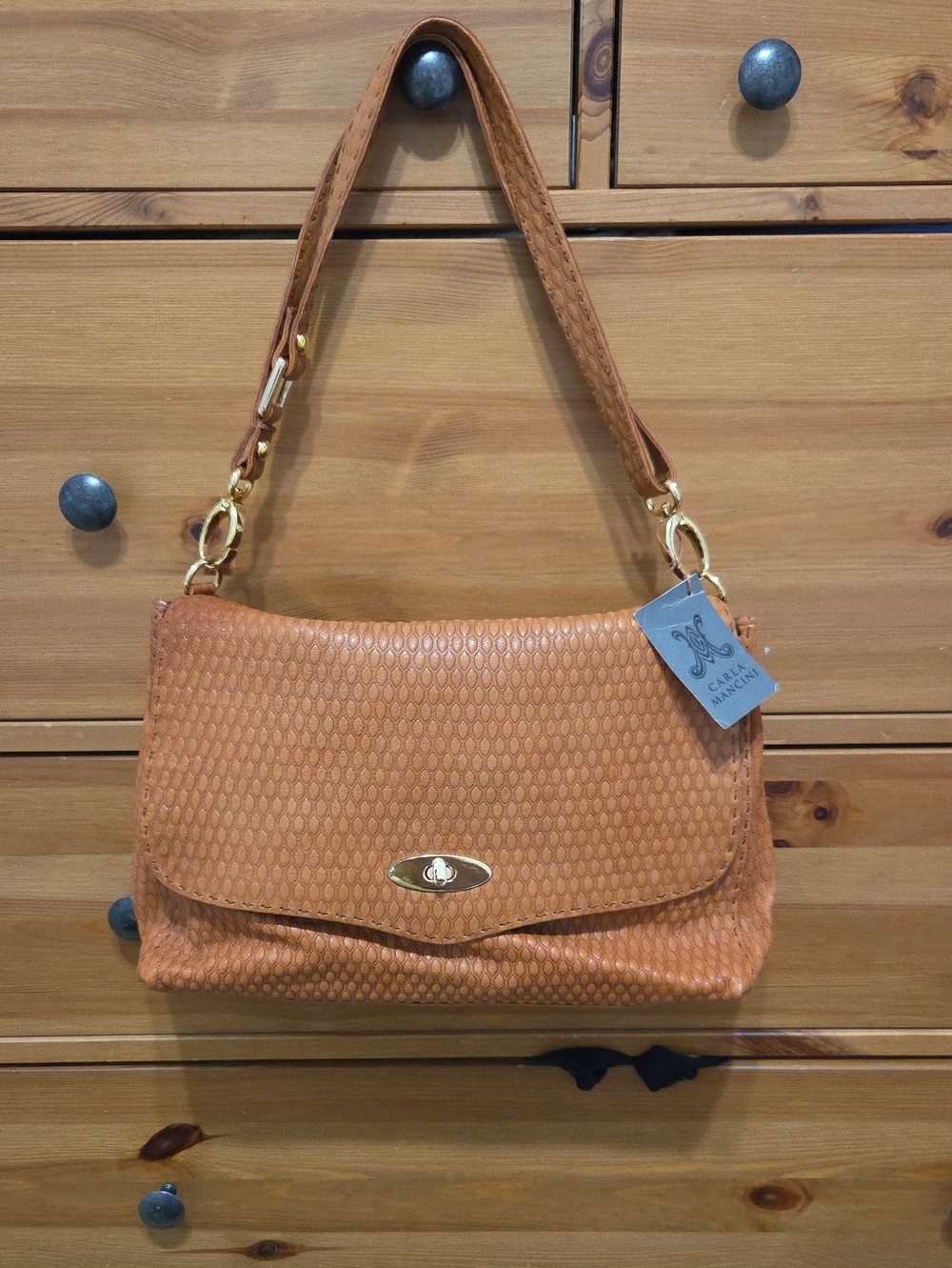Carla Mancini Tan Textured Shoulder Bag with Gold Hardware